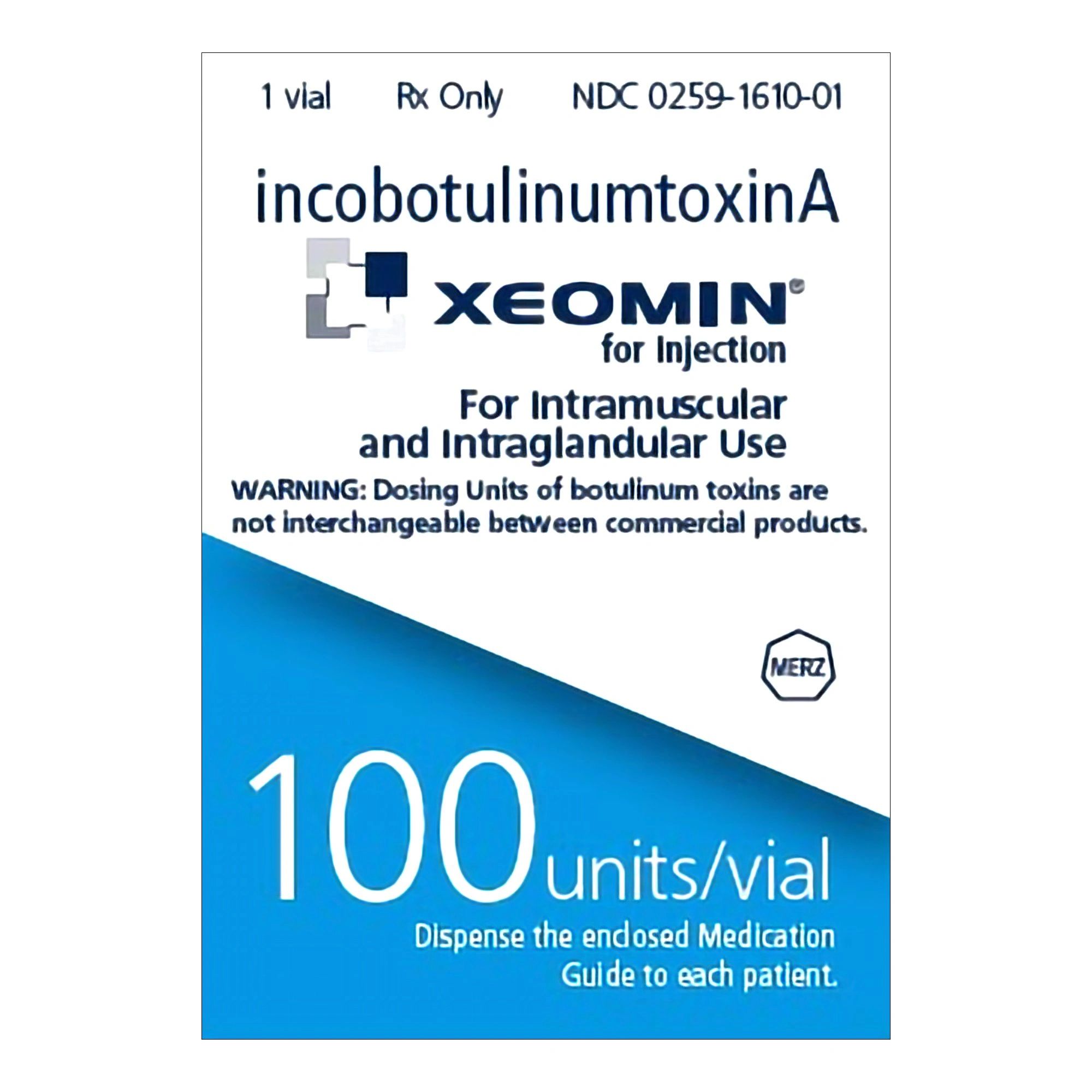 Box of Xeomin IncobotulinumtoxinA for injection, 100 units/vial.