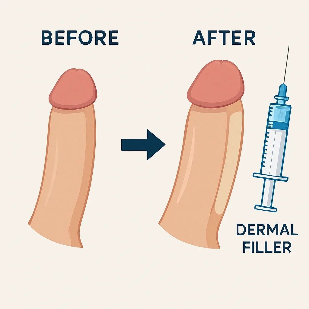 Medical illustration of fillers for penile girth enhancement to increase size and penile aesthetics.