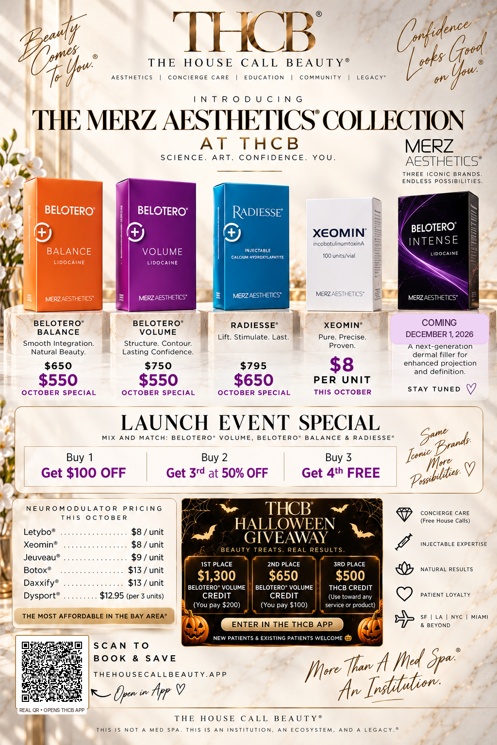 THCB Merz Aesthetics Collection October 2026 promotion with a real QR code opening the THCB app